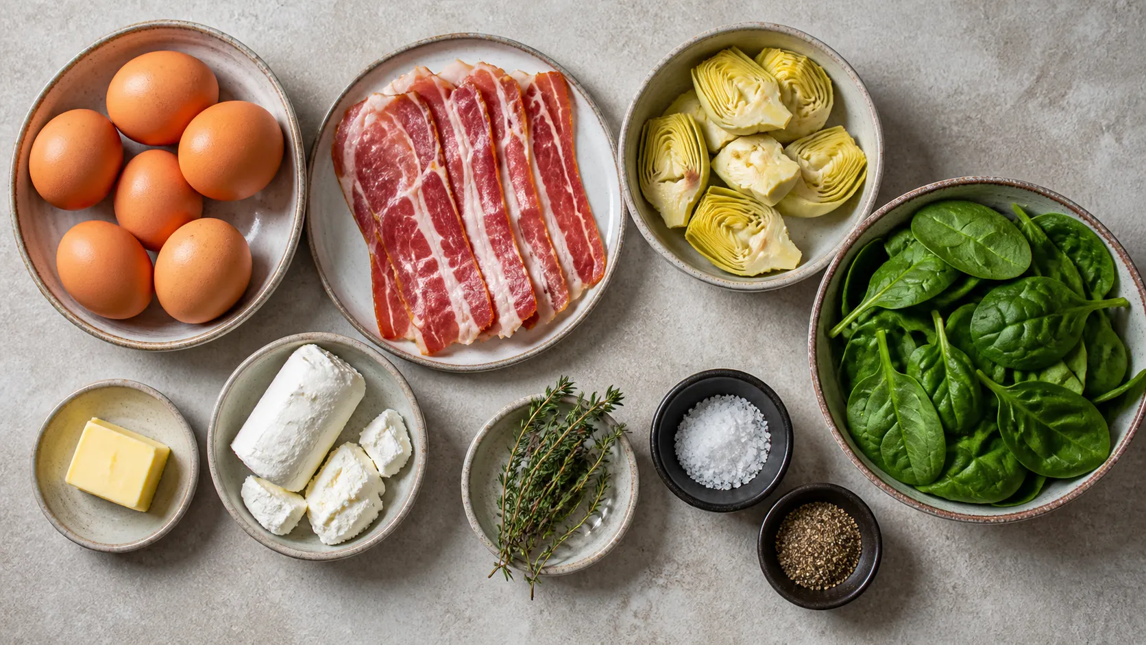 Zutaten für Keto Artischocken-Frittata mit Eiern, Speck, Ziegenkäse, Artischockenherzen und Babyspinat