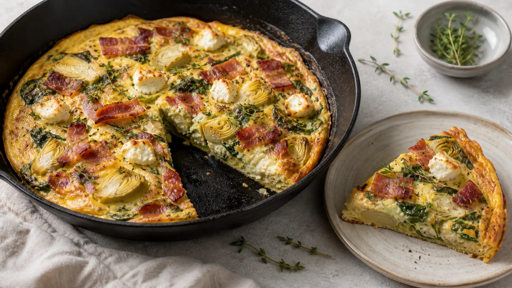 Keto Artischocken-Frittata mit Ziegenkäse, Speck und Babyspinat in der Pfanne angerichtet