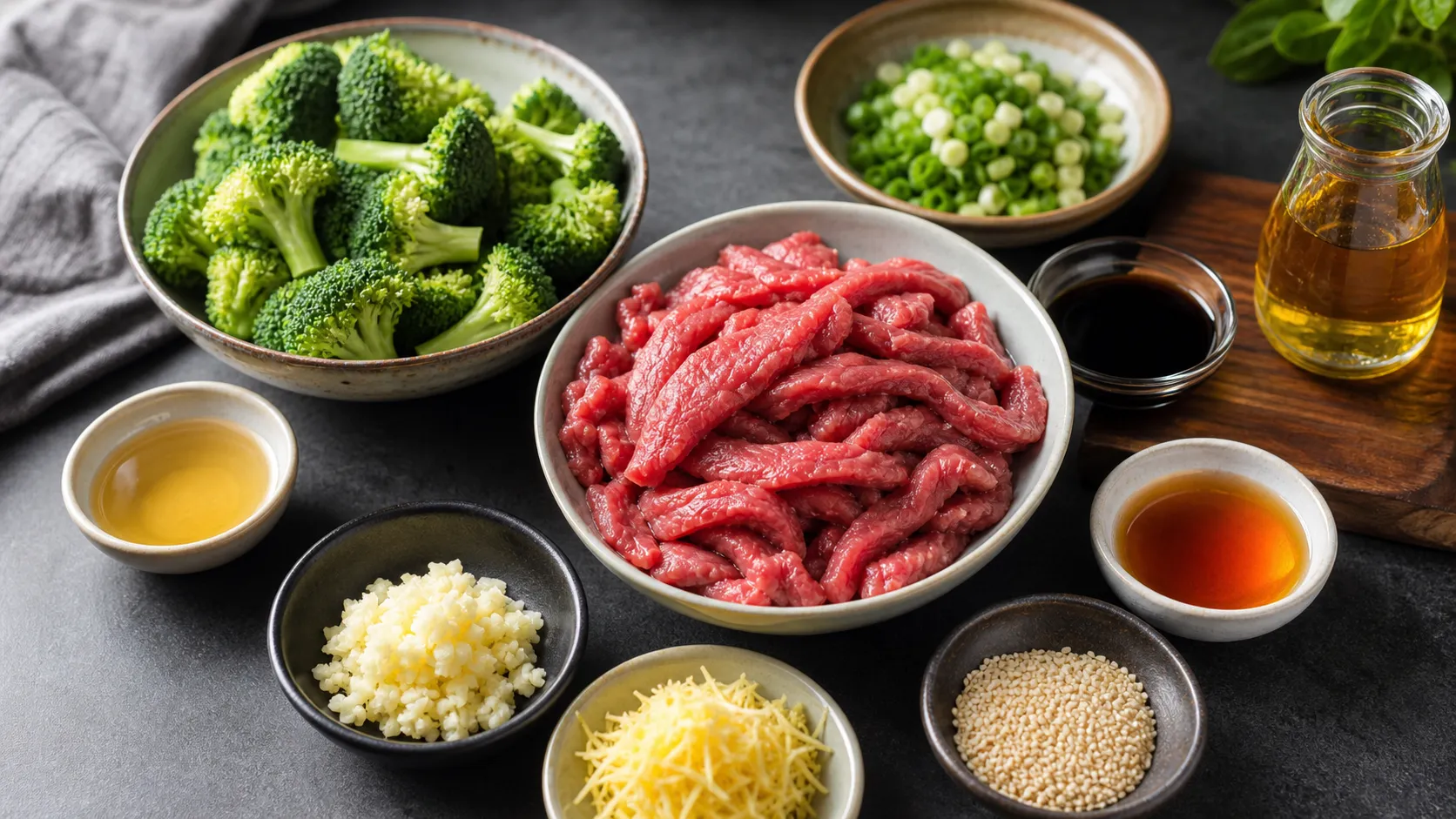 Zutaten für Keto Rindfleisch-Brokkoli-Wok: Rindfleischstreifen, Brokkoli, Sojasauce, Ingwer, Knoblauch und Sesamöl
