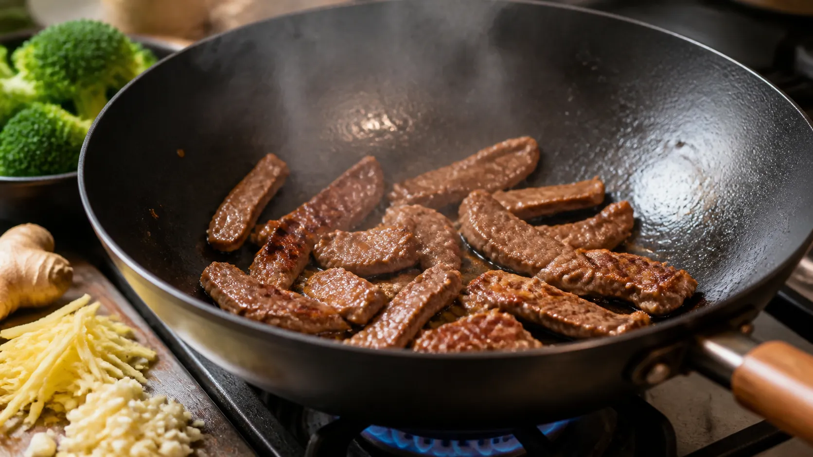 Rindfleischstreifen werden im Wok bei hoher Hitze scharf angebraten