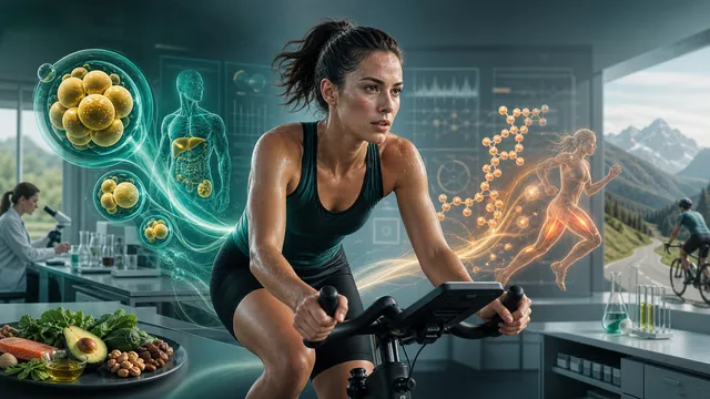 Sportwissenschaftliche Illustration eines Ausdauersportlers mit Keto-Stoffwechsel und Energiewegen
