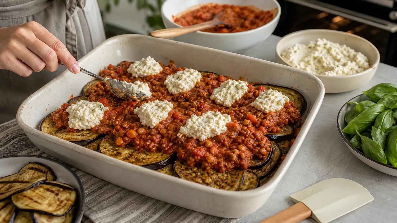 Auberginenscheiben werden in einer Auflaufform mit Walnuss-Bolognese und Cashew-Ricotta geschichtet