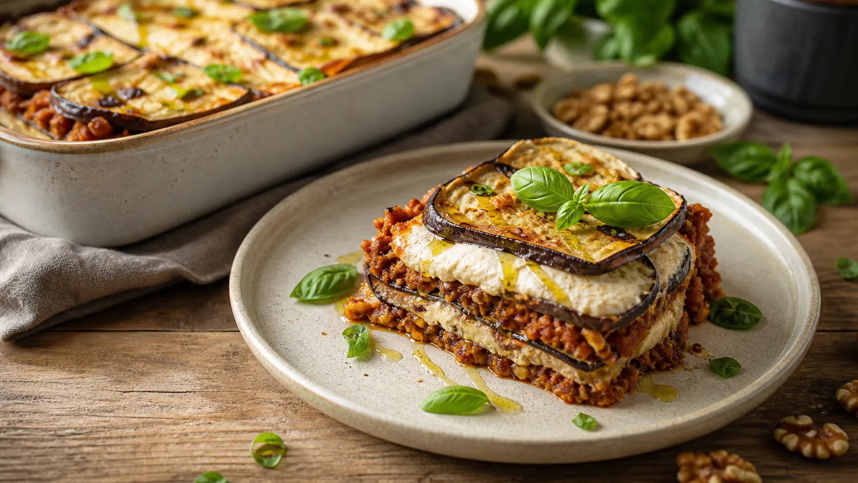 Keto Auberginen-Lasagne mit Schichten aus goldbraun gebackenen Auberginenscheiben, herzhafter Walnuss-Bolognese und cremigem Cashew-Ricotta