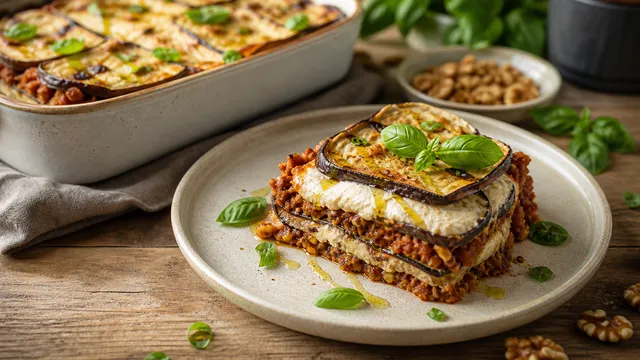 Keto Auberginen-Lasagne mit Schichten aus goldbraun gebackenen Auberginenscheiben, herzhafter Walnuss-Bolognese und cremigem Cashew-Ricotta