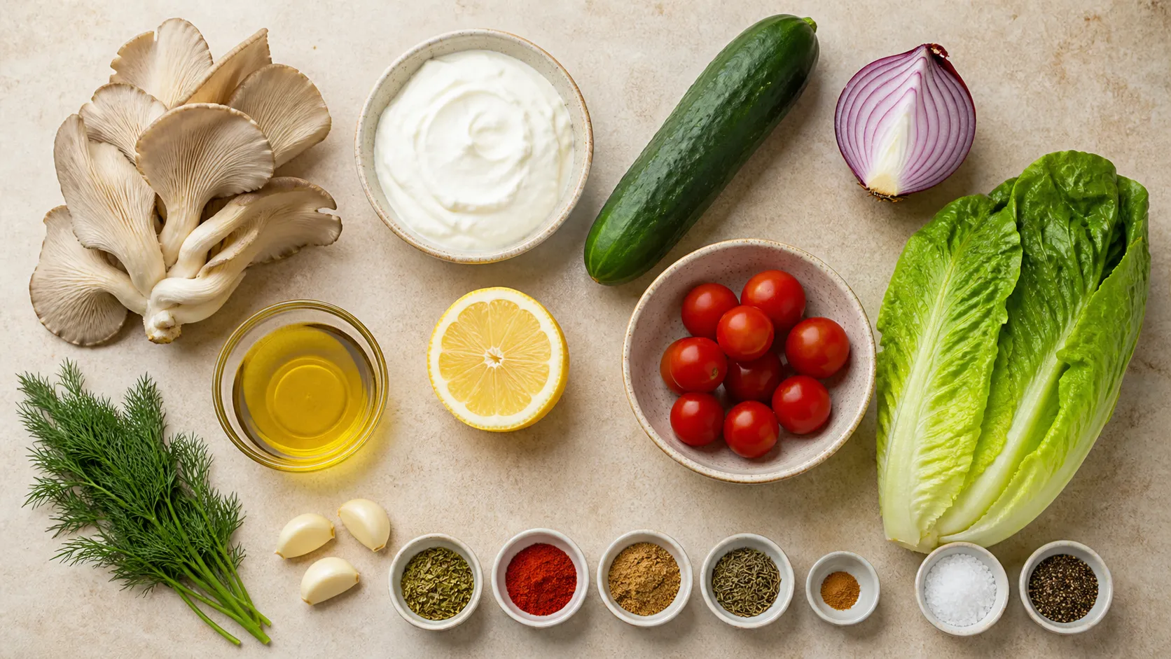 Zutaten für das Keto-Austernpilz-Gyros: frische Austernpilze, griechischer Joghurt, Salatgurke, rote Zwiebel, Knoblauch, Oregano, Paprikapulver und Olivenöl