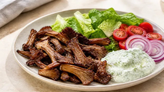 Teller mit gebratenen Austernpilz-Streifen in Gyrosgewürz, daneben Tzatziki, Romanasalat, Cherry-Tomaten und rote Zwiebelringe