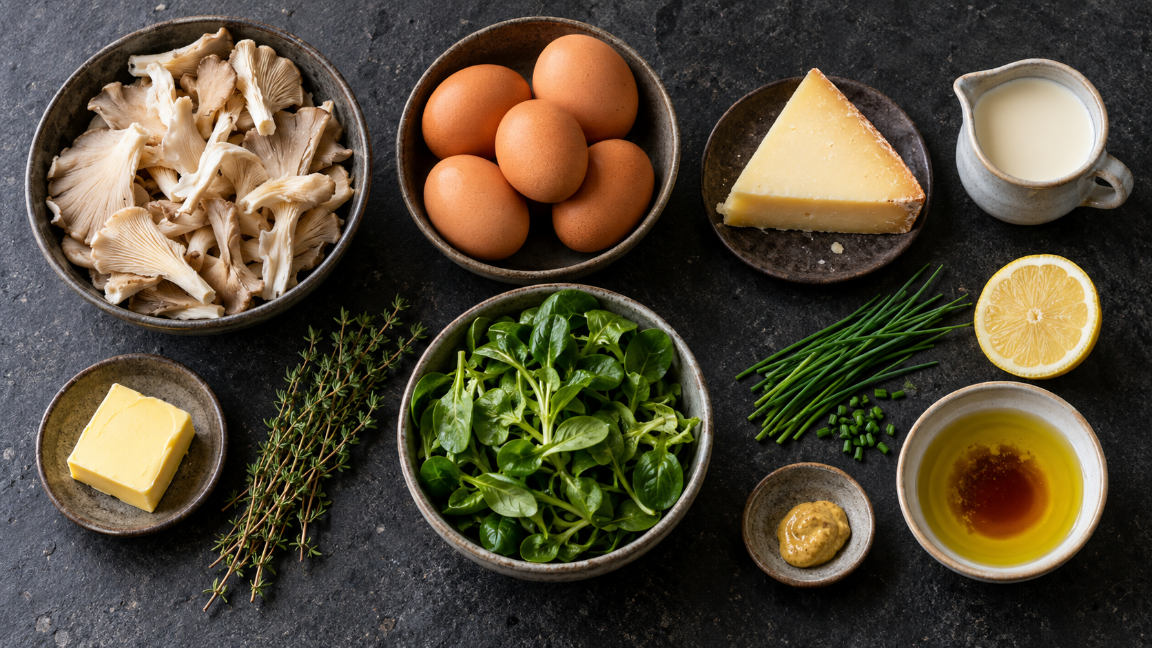 Zutaten für das Keto-Austernpilz-Omelett: Austernpilze, Eier, Stück Bergkäse, Butter, Sahne, Feldsalat, Thymian und Schnittlauch auf einem Holzbrett