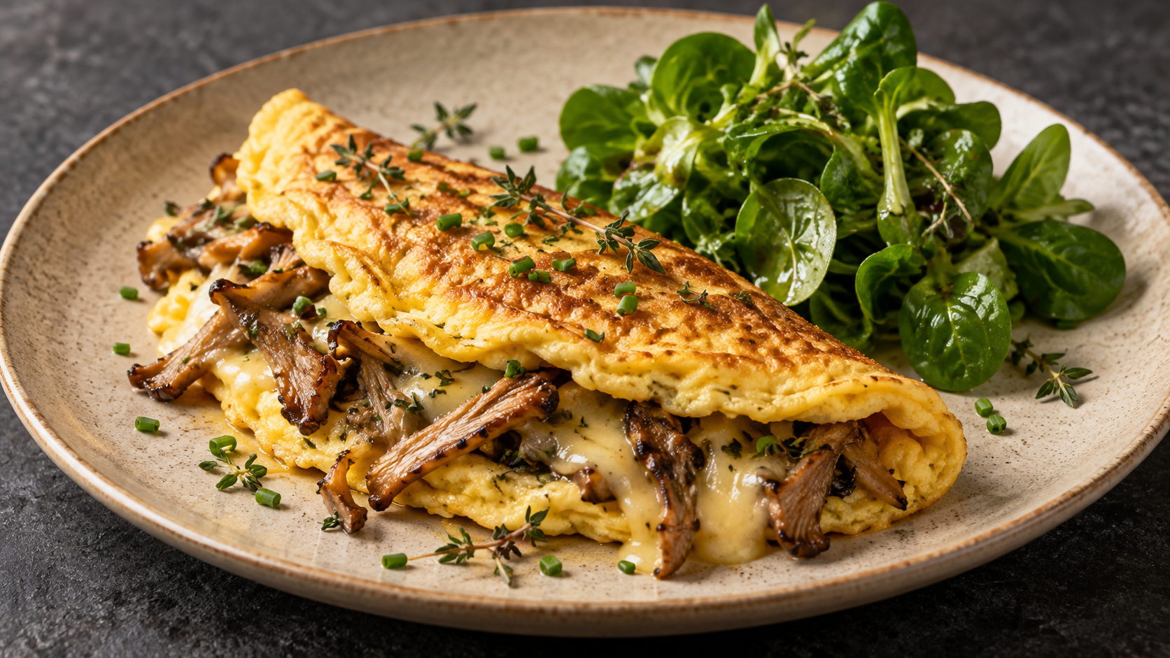 Zusammengeklapptes goldgelbes Omelett, gefüllt mit knusprig gebratenen Austernpilzen und geschmolzenem Bergkäse, daneben ein kleiner Feldsalat mit Vinaigrette auf einem hellen Teller