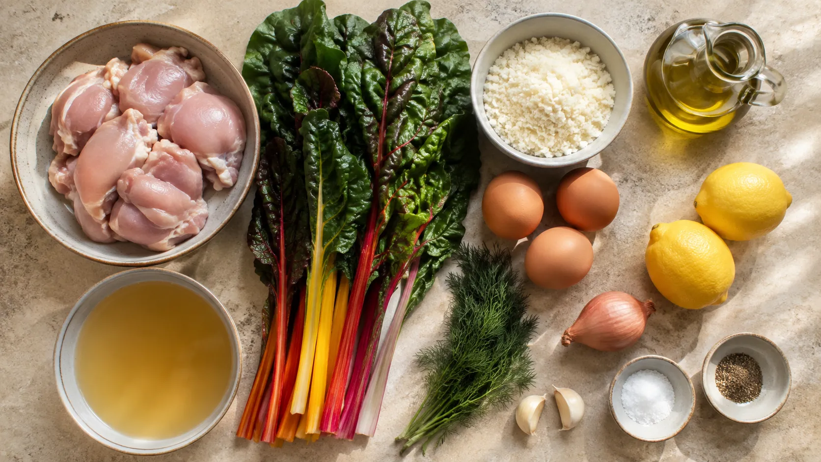 Zutaten für Keto-Avgolemono: Hähnchenschenkelfilet, ein Bund Mangold mit bunten Stielen, Eier, Zitronen, Blumenkohlreis, Schalotte, Knoblauch, Olivenöl und Dill