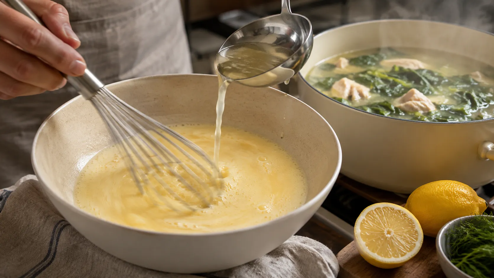 Heiße Brühe wird mit einer Schöpfkelle langsam in eine Schüssel mit verquirlten Eiern und Zitronensaft gegossen, während eine Hand rührt