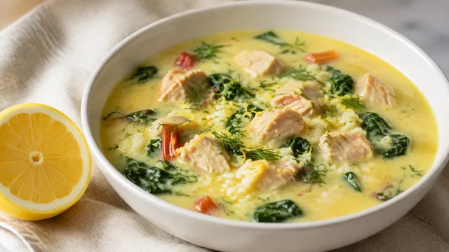Hellgelbe, cremige Keto-Avgolemono-Suppe mit Hähnchenstücken, grünem Mangold und Dill in einer weißen Schüssel, daneben eine halbe Zitrone