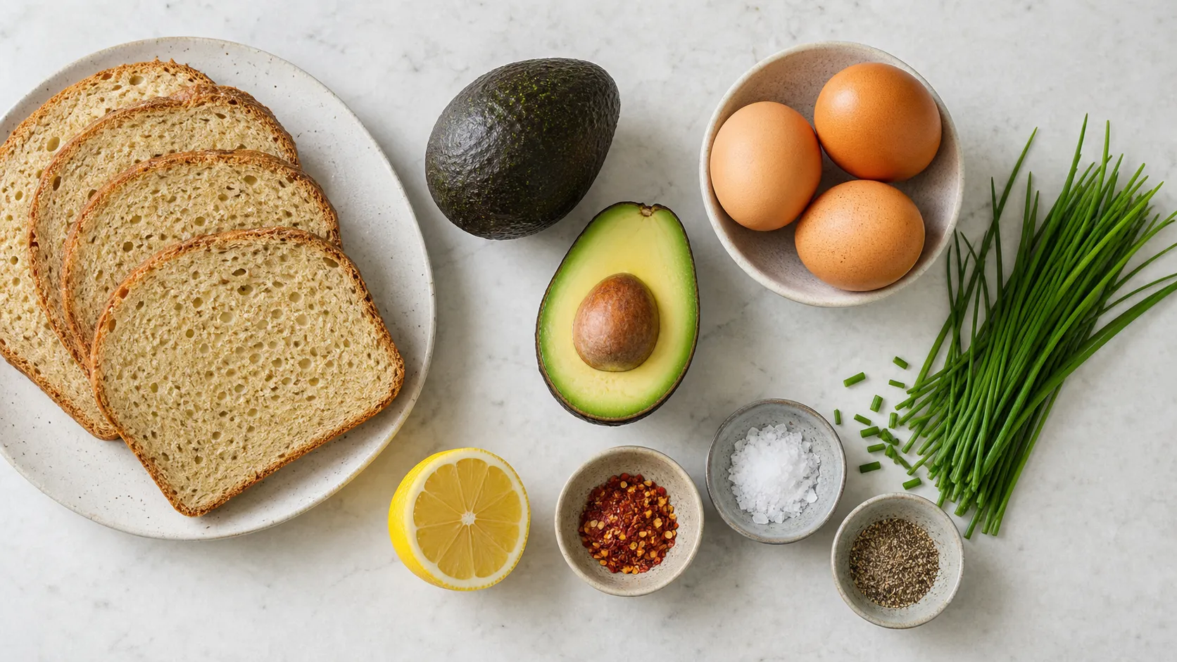 Zutaten für Keto-Avocado-Brot: Mandelmehl-Brot, Avocado, Eier, Zitrone und Schnittlauch