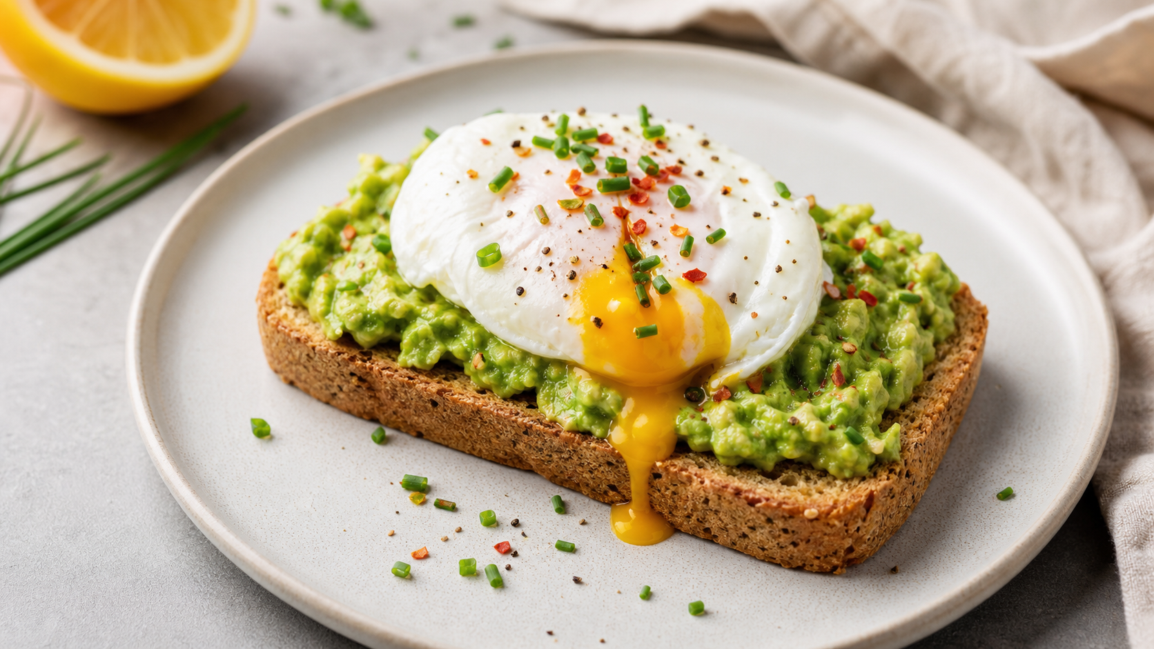 Keto-Avocado-Brot mit zerdrückter Avocado, pochiertem Ei, Schnittlauch und Chiliflocken auf einem Teller