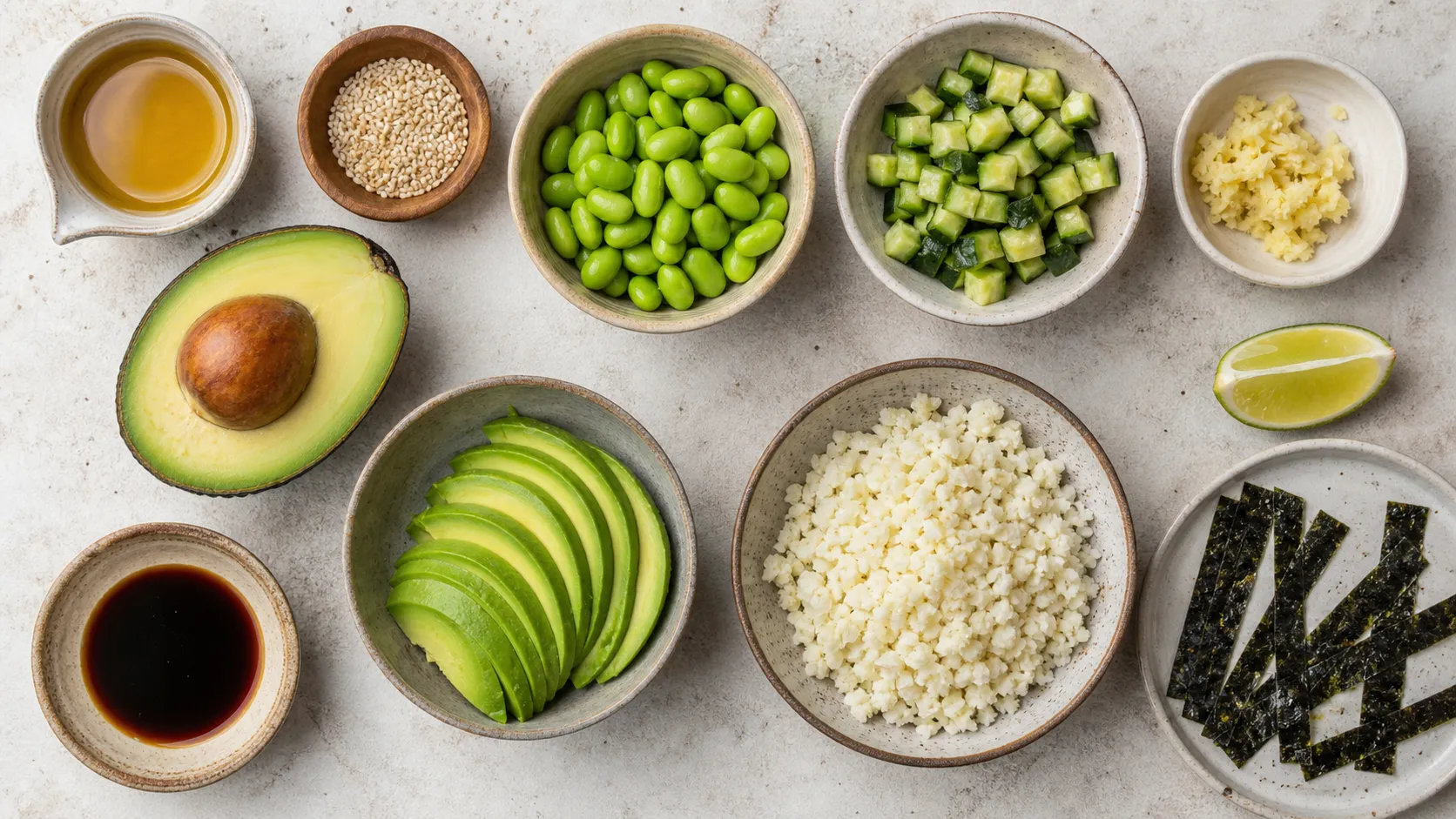 Zutaten für die Keto Poke-Bowl: Avocado, Edamame, Gurke, Blumenkohlreis, Sojasauce, Sesamöl, Ingwer, Sesam und Nori