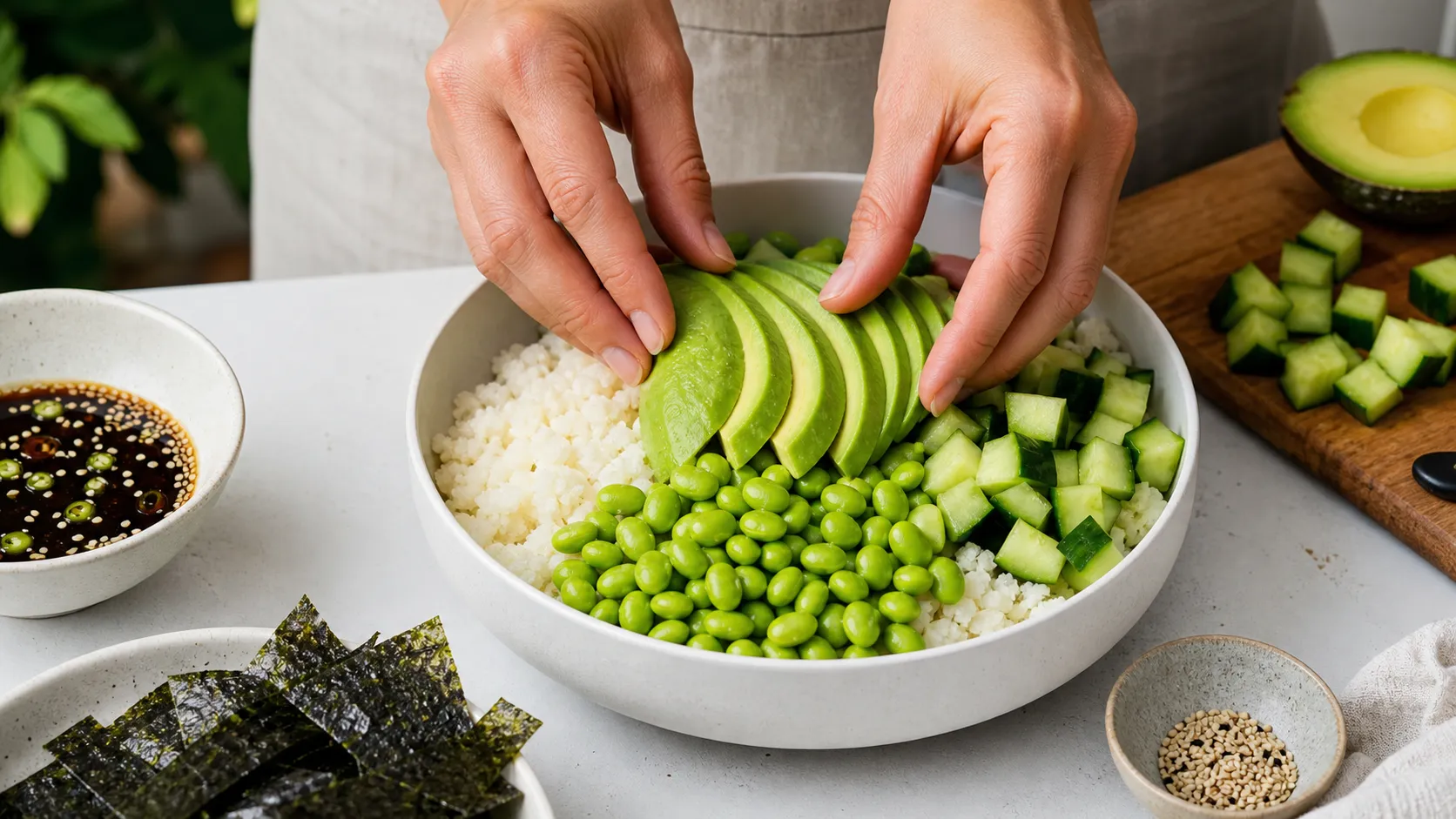 Avocado wird in Scheiben geschnitten und zusammen mit Edamame und Gurke auf Blumenkohlreis in einer Bowl angerichtet