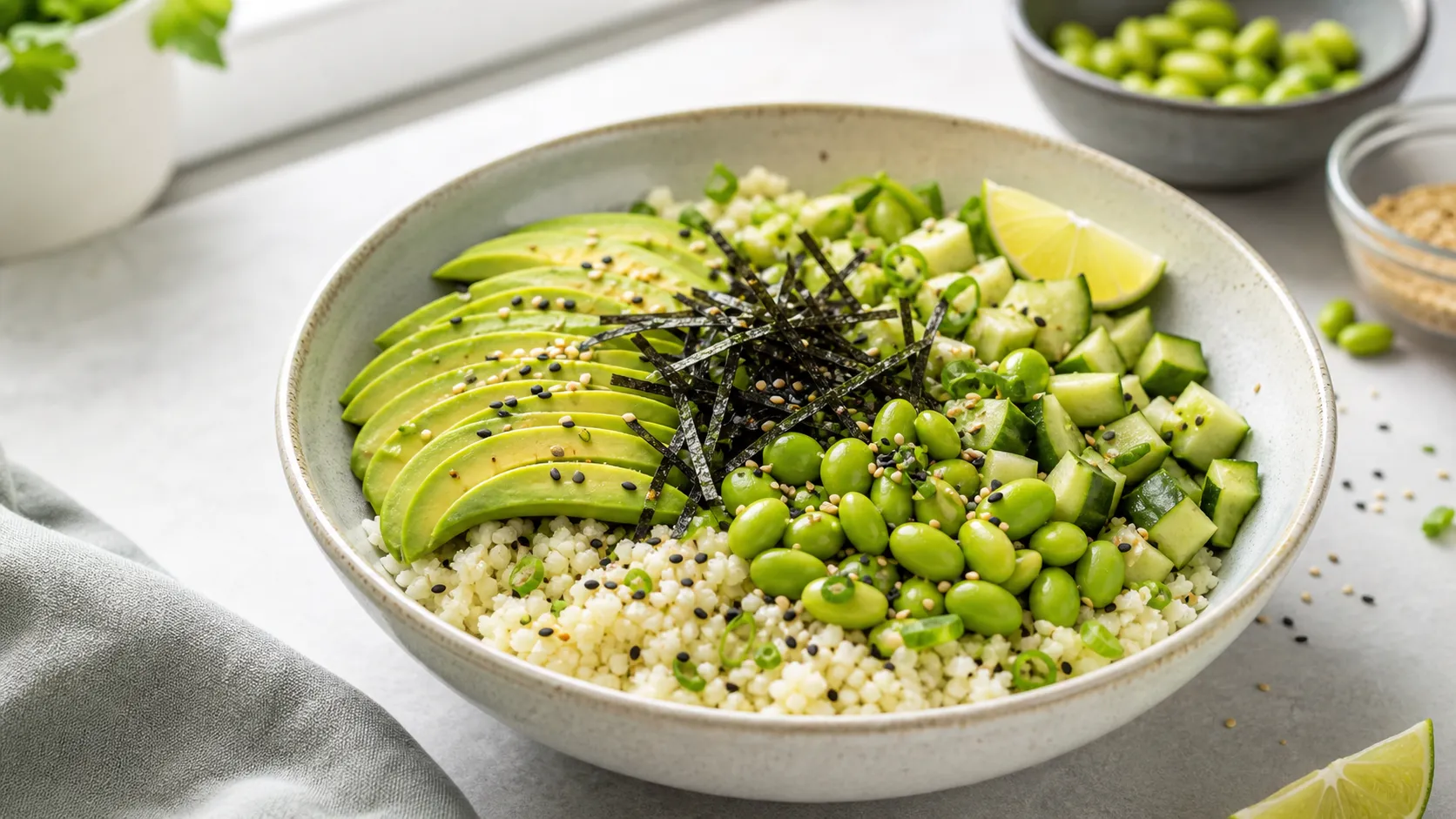 Keto Avocado-Edamame-Poke-Bowl mit in Scheiben geschnittener Avocado, Edamame, Gurkenwürfeln und Sesam auf Blumenkohlreis