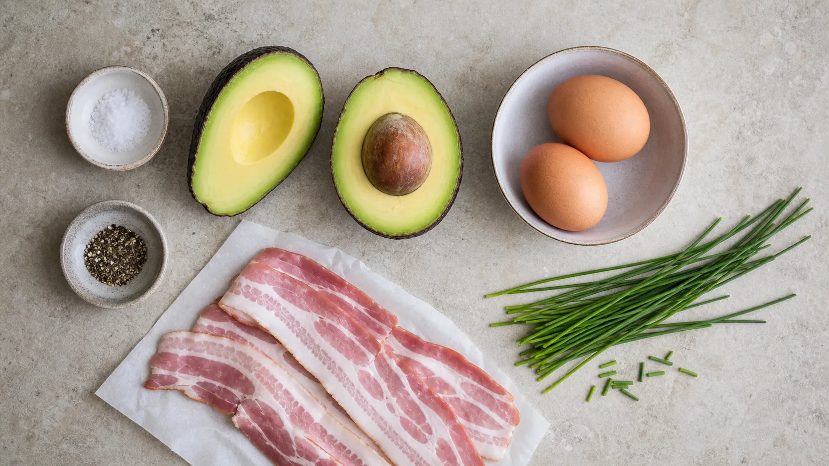 Zutaten: Avocado, Eier, Speck, Schnittlauch, Salz, Pfeffer
