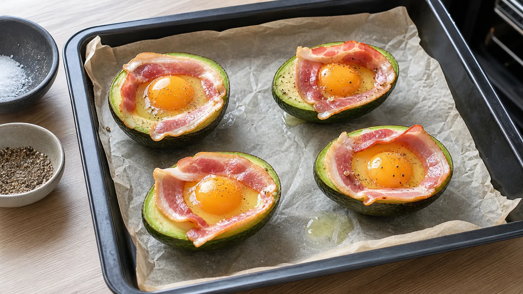 Avocadohälften auf einem Backblech, mit Ei gefüllt und mit Speckstreifen belegt, bereit für den Ofen