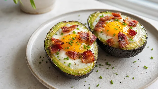 Zwei Avocadohälften auf einem Backblech, in jeder Mulde ein Ei mit goldenem Eigelb und Streifen knusprigem Speck