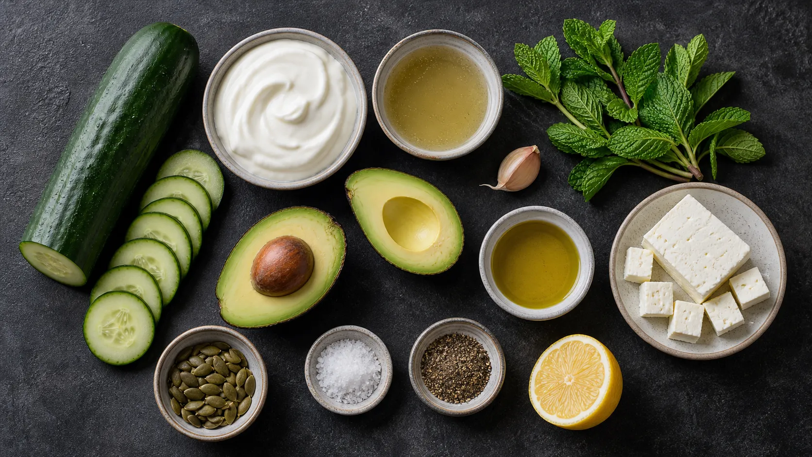 Zutaten für Keto-Avocado-Gurken-Kaltschale: Salatgurke, Avocado, griechischer Joghurt, Minze, Feta und Kürbiskerne