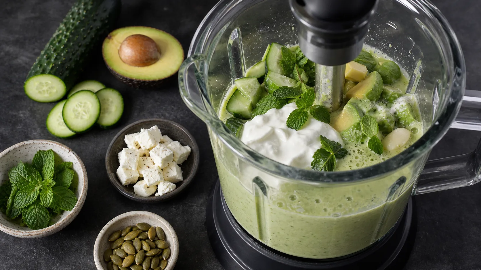 Grüne Suppe wird im Mixer aus Gurke, Avocado und Joghurt cremig püriert