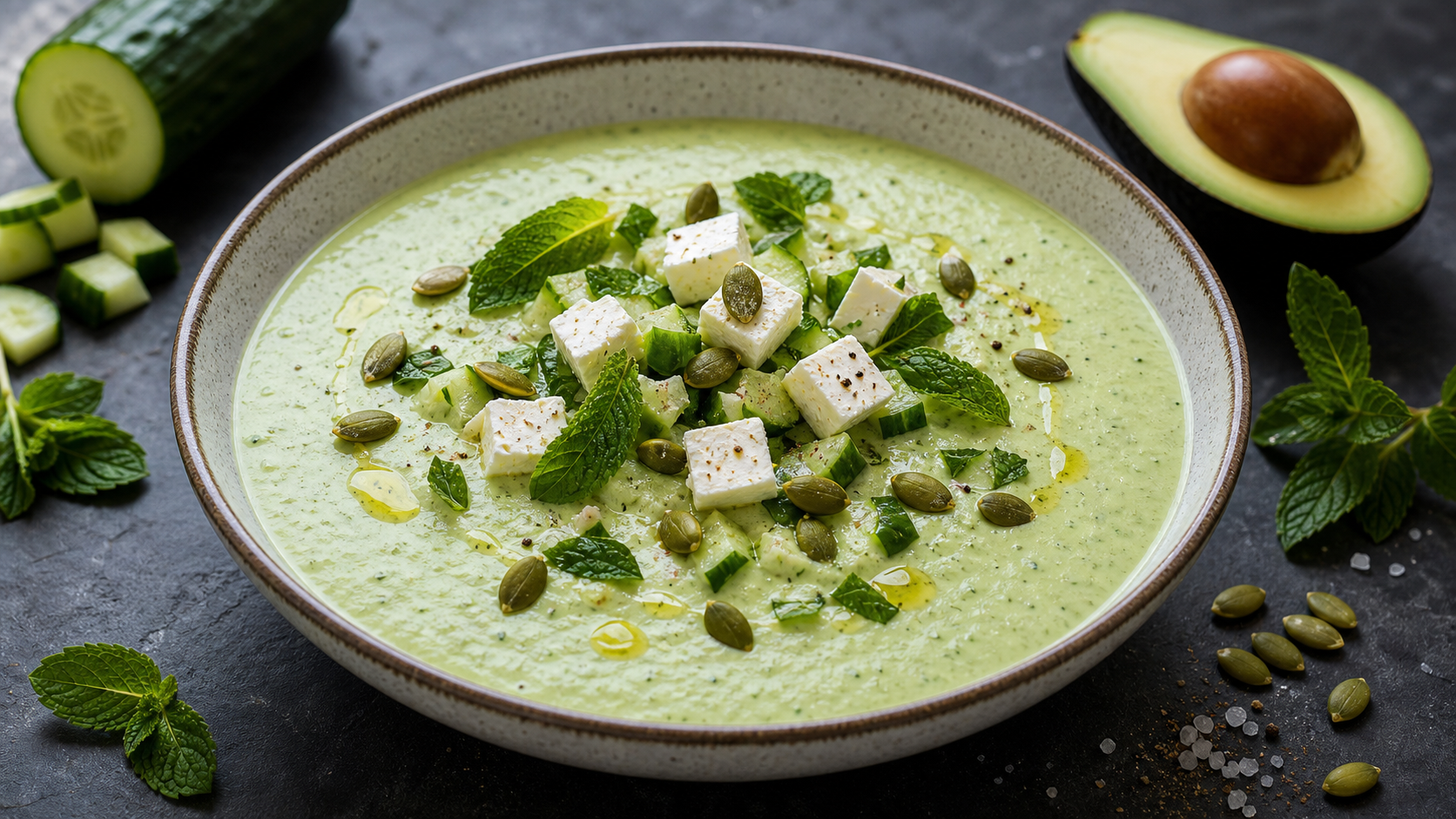 Cremige grüne Keto-Avocado-Gurken-Kaltschale mit Feta-Würfeln, Kürbiskernen, Minze und Olivenöl in einer Schale