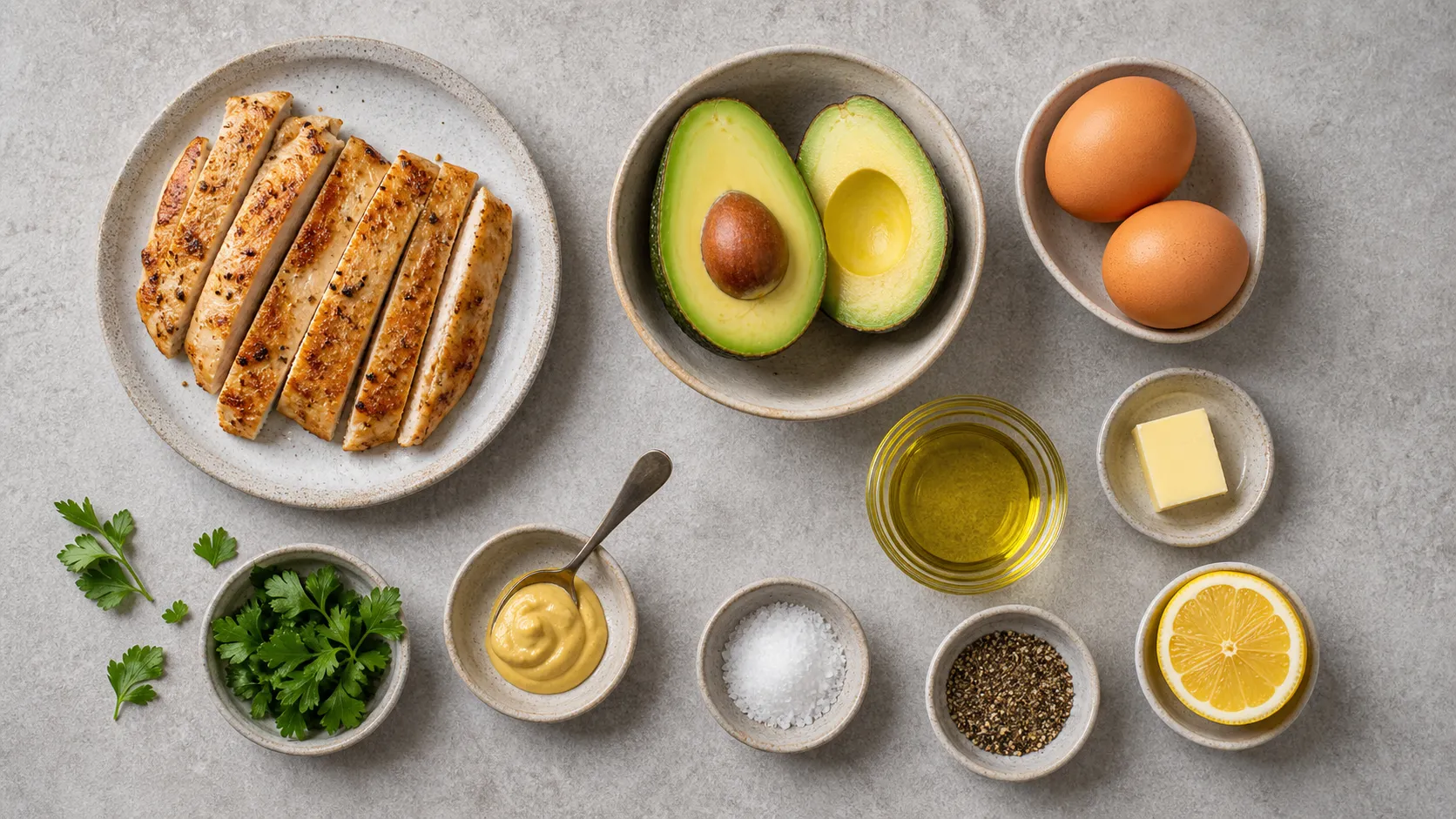 Zutaten für Keto Avocado-Hähnchen-Frühstück mit Hähnchenbrust, Avocado, Eiern, Olivenöl, Zitrone und Dijonsenf