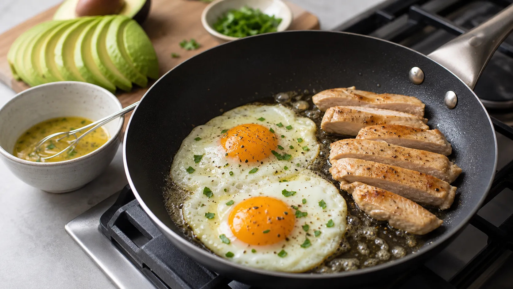 Spiegeleier braten in Butter neben Hähnchenstreifen für die Keto Avocado-Hähnchen-Bowl