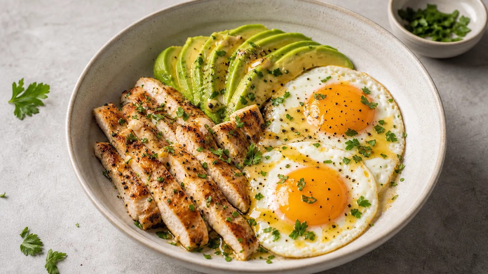 Keto Avocado-Hähnchen-Frühstücksschüssel mit Spiegeleiern, Hähnchenstreifen und Kräutern