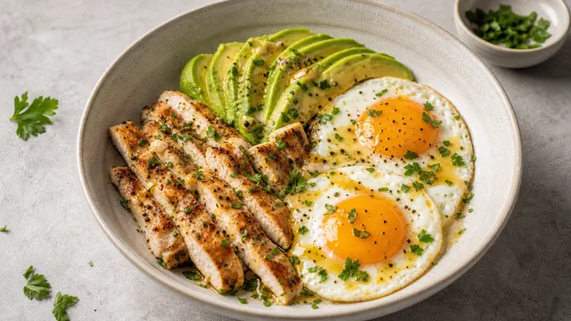 Keto Avocado-Hähnchen-Frühstücksschüssel mit Spiegeleiern, Hähnchenstreifen und Kräutern