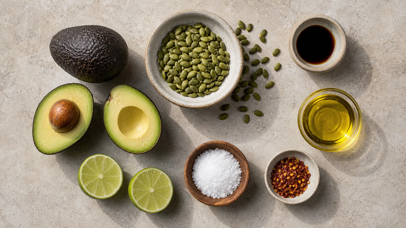 Zutaten für Keto Avocado-Kürbiskern-Bowl: reife Avocados, Kürbiskerne, Limette, Tamari und Meersalzflocken