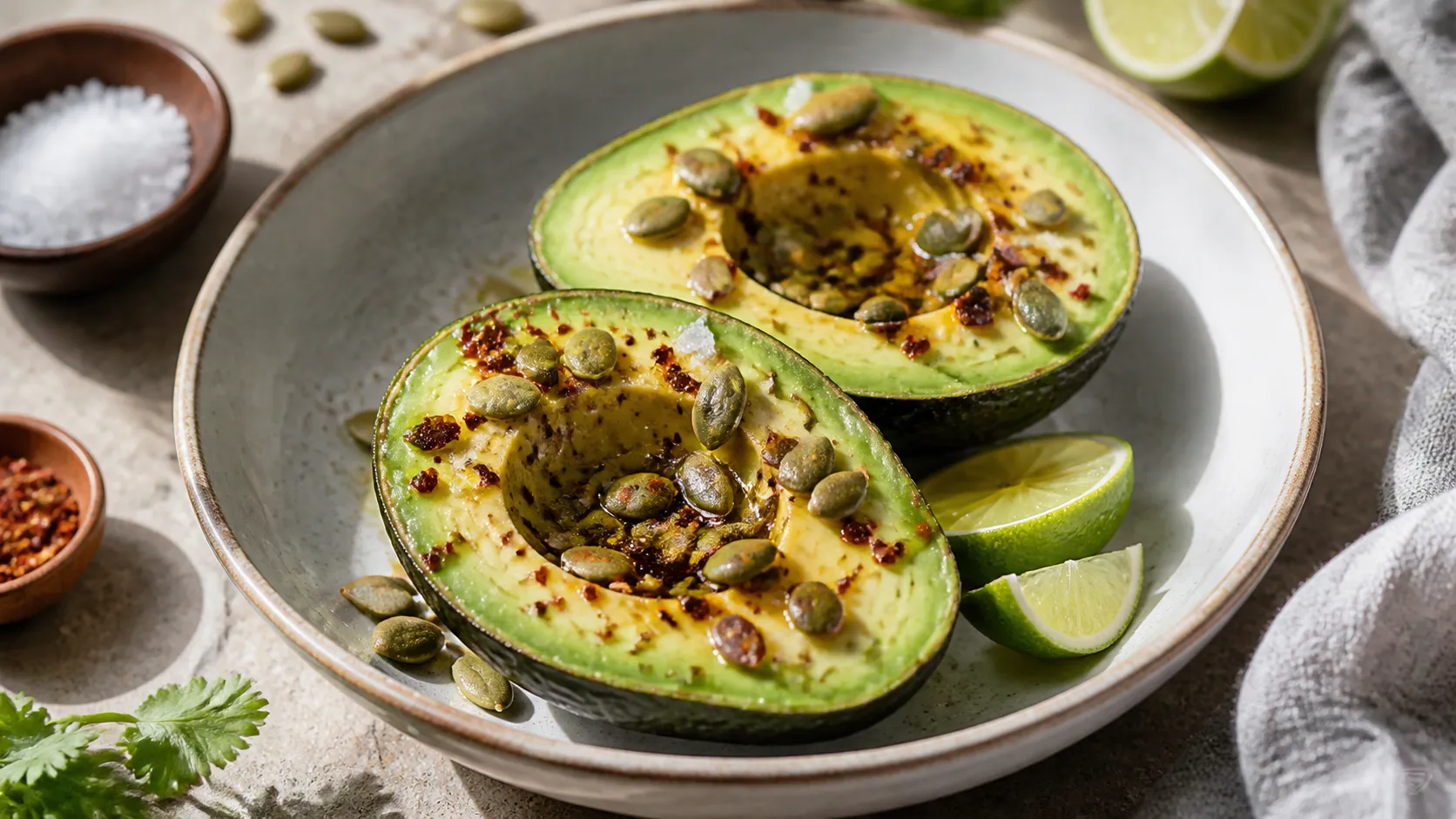 Keto Avocado-Kürbiskern-Bowl mit halbierten Avocados, gerösteten Kürbiskernen, Limettensaft und Meersalz