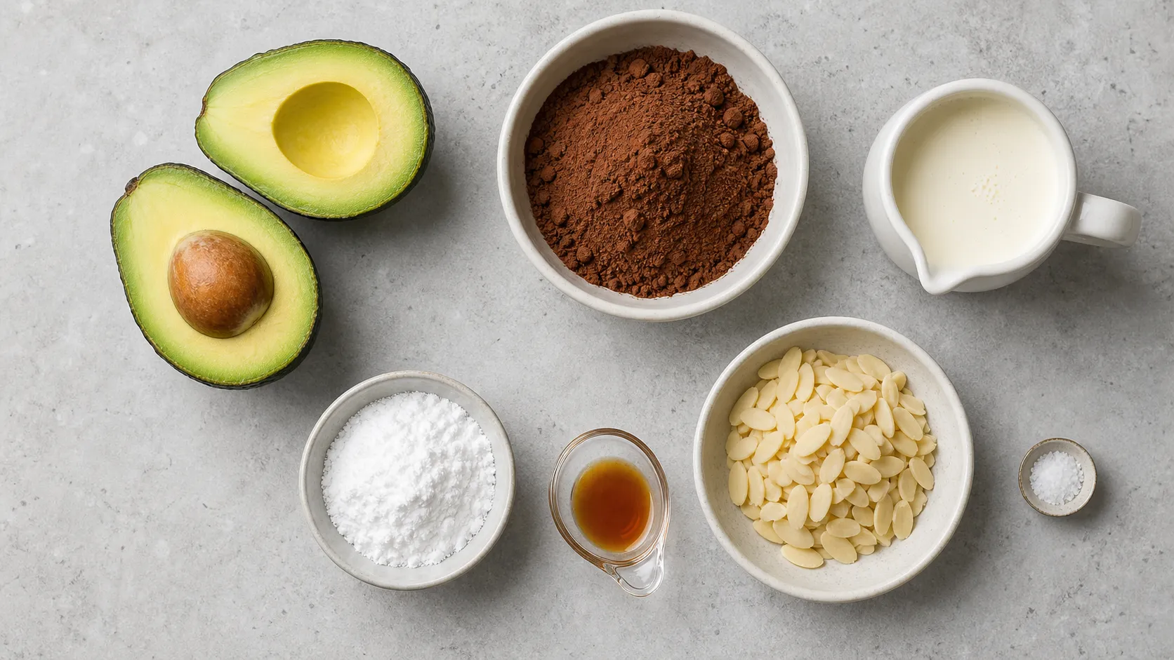 Zutaten für Keto Avocado-Schoko-Mousse mit Avocado, Kakao, Sahne, Erythrit, Vanille und Mandelsplittern