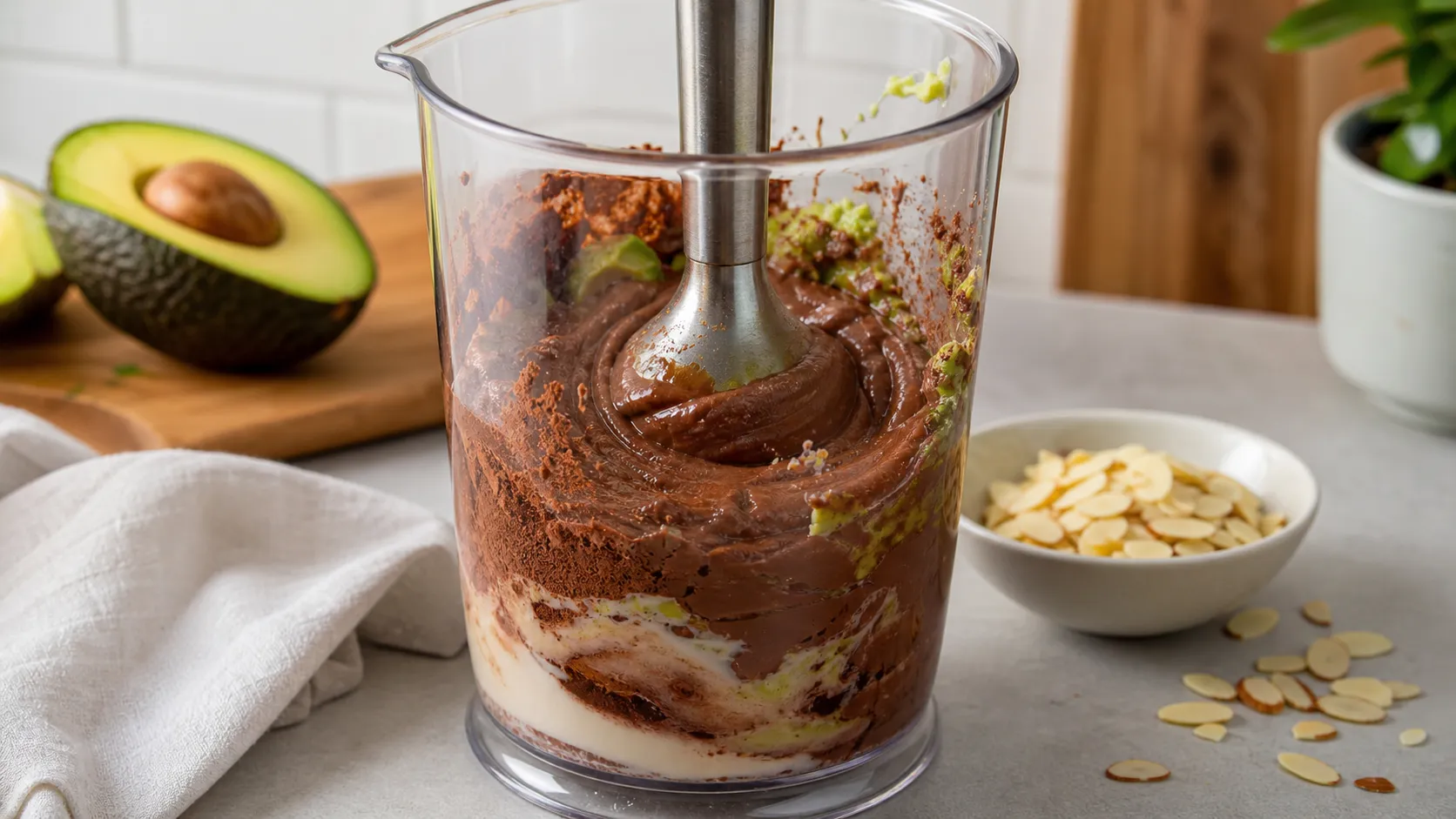 Avocado, Kakao und Sahne werden im Becher zu cremiger Keto Schoko-Mousse püriert
