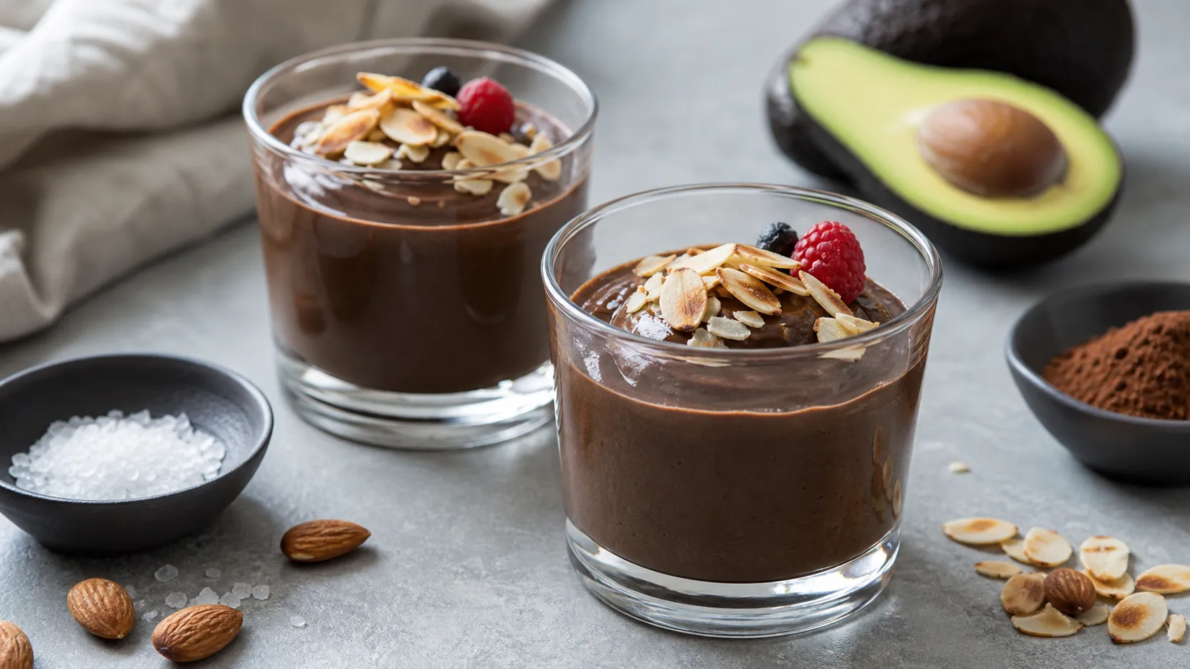 Keto Avocado-Schoko-Mousse in zwei Gläsern mit gerösteten Mandelsplittern und Beeren