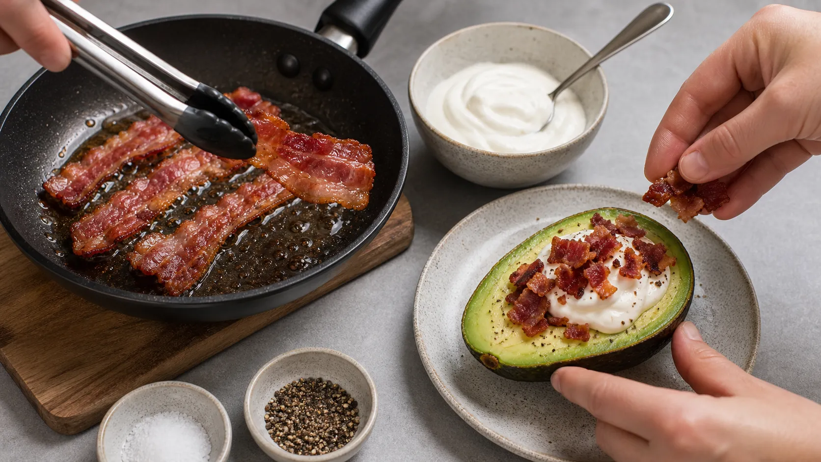 Knuspriger Speck wird über Avocado und Schmand für eine Keto Frühstücksbowl gebröselt