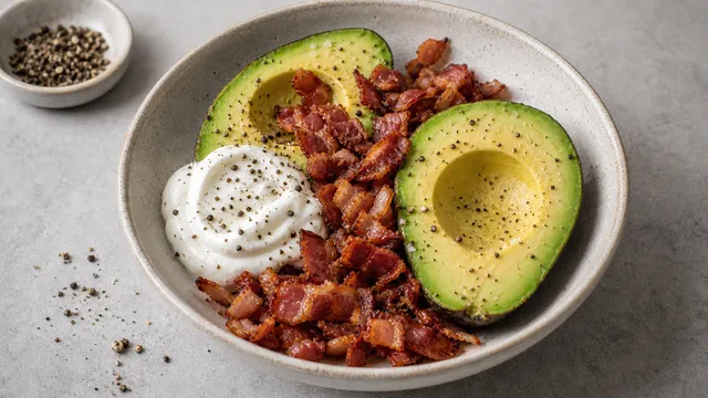 Keto Avocado-Speck-Schmand-Bowl mit knusprigem Speck und frisch gemahlenem Pfeffer
