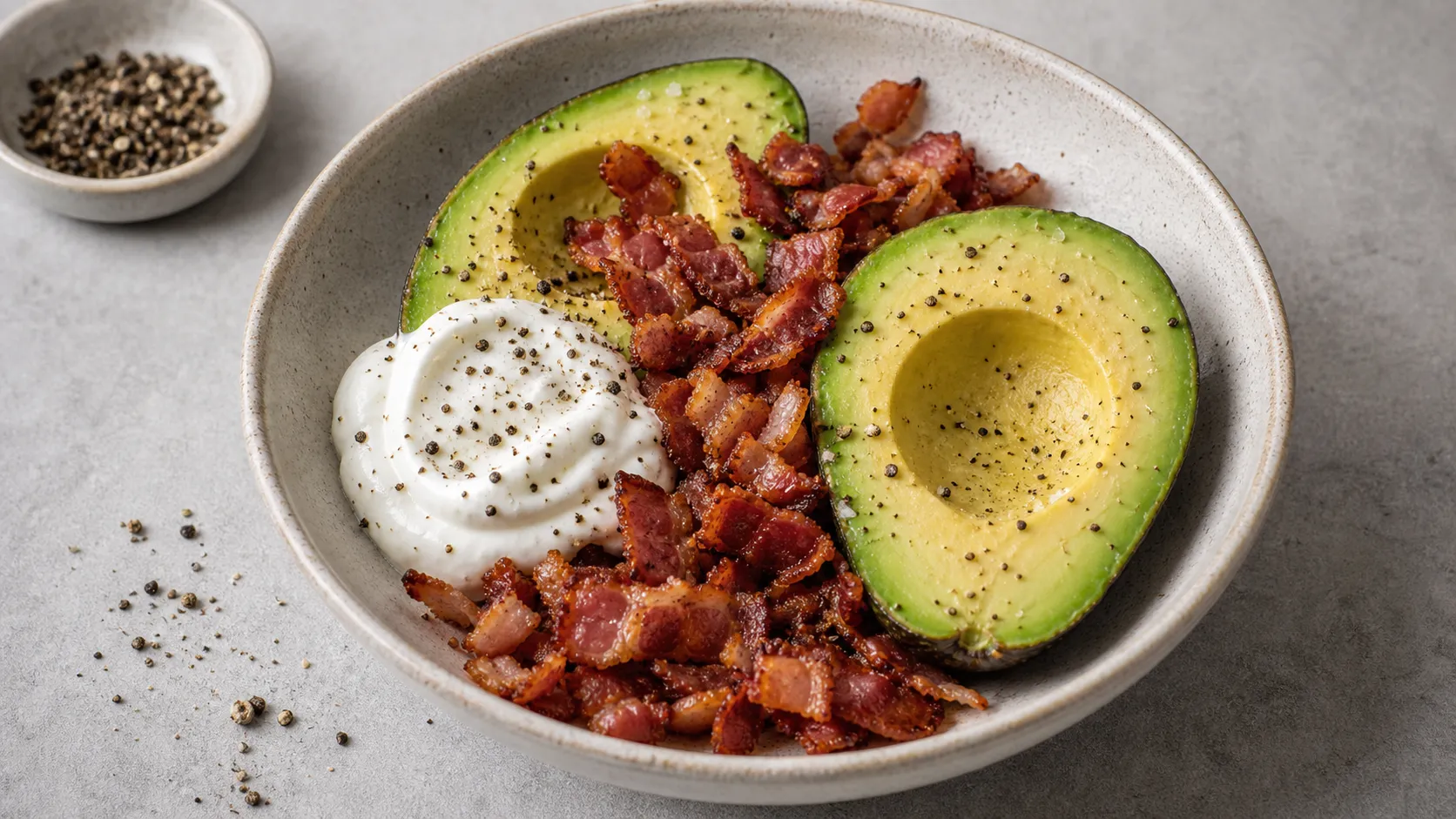 Keto Avocado-Speck-Schmand-Bowl mit knusprigem Speck und frisch gemahlenem Pfeffer