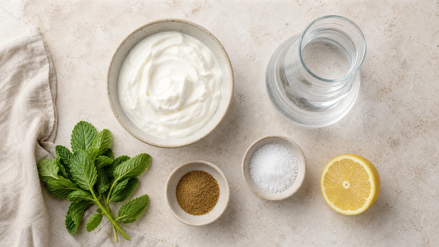Zutaten für Keto-Ayran: griechischer Joghurt, kaltes Wasser, Minze, Kreuzkümmel, Salz und Zitrone