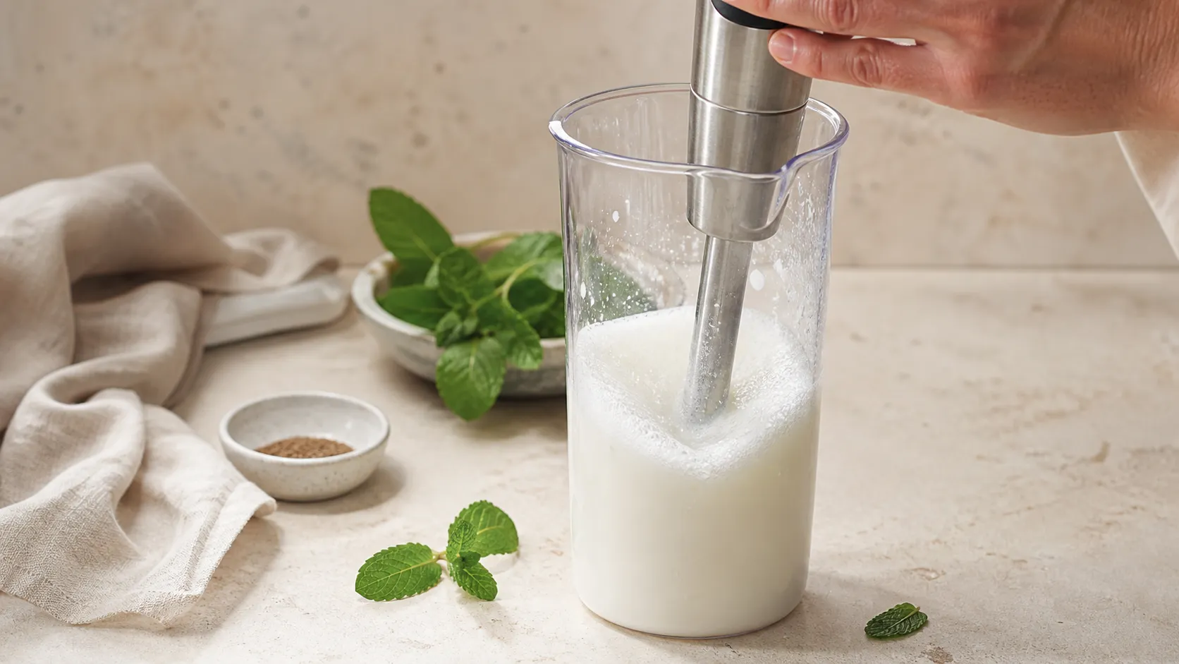 Joghurt und Wasser werden im Mixbecher zu schaumigem Ayran aufgemixt