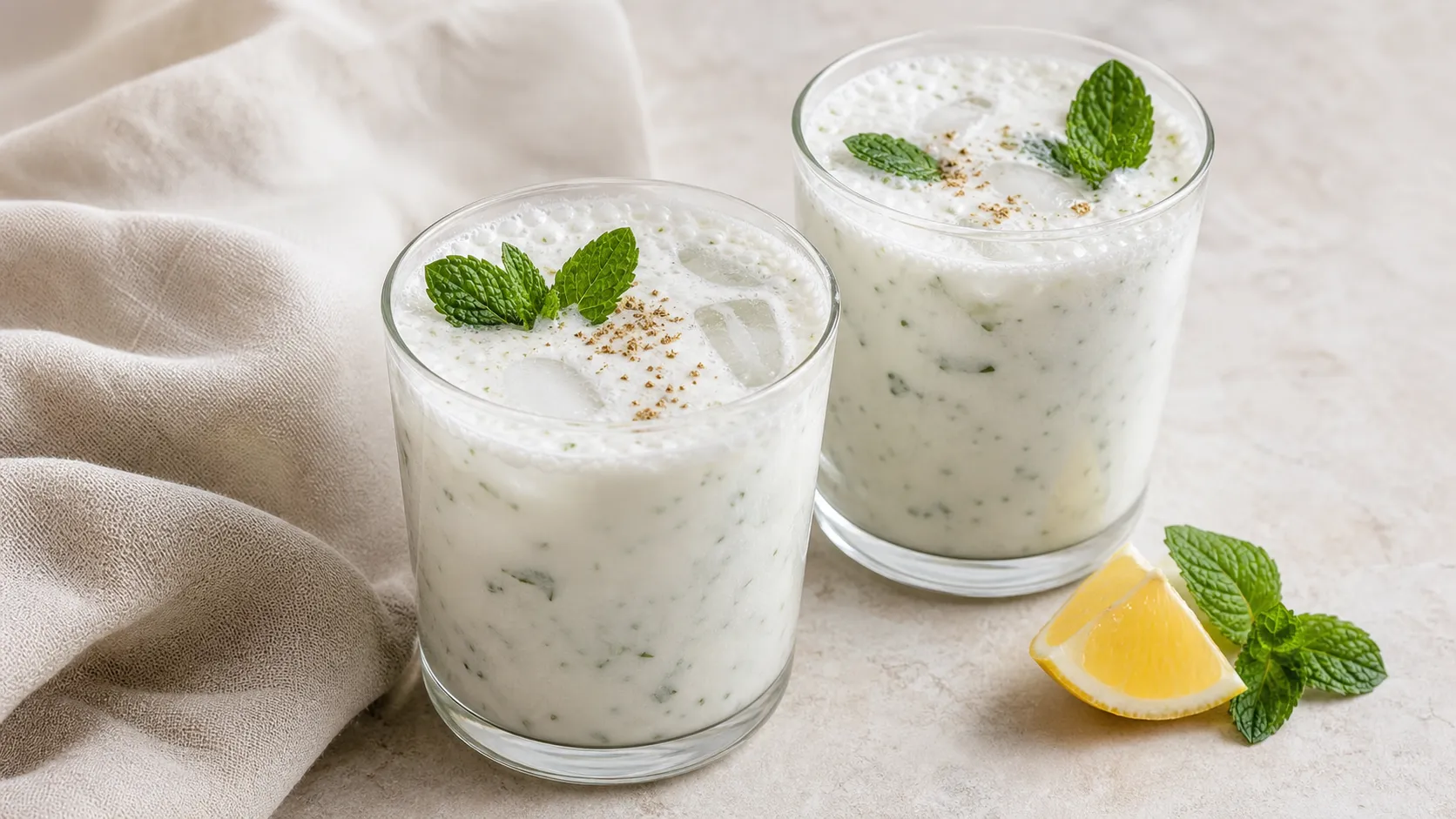 Zwei Gläser Keto-Ayran mit Schaumkrone, frischer Minze und Eiswürfeln