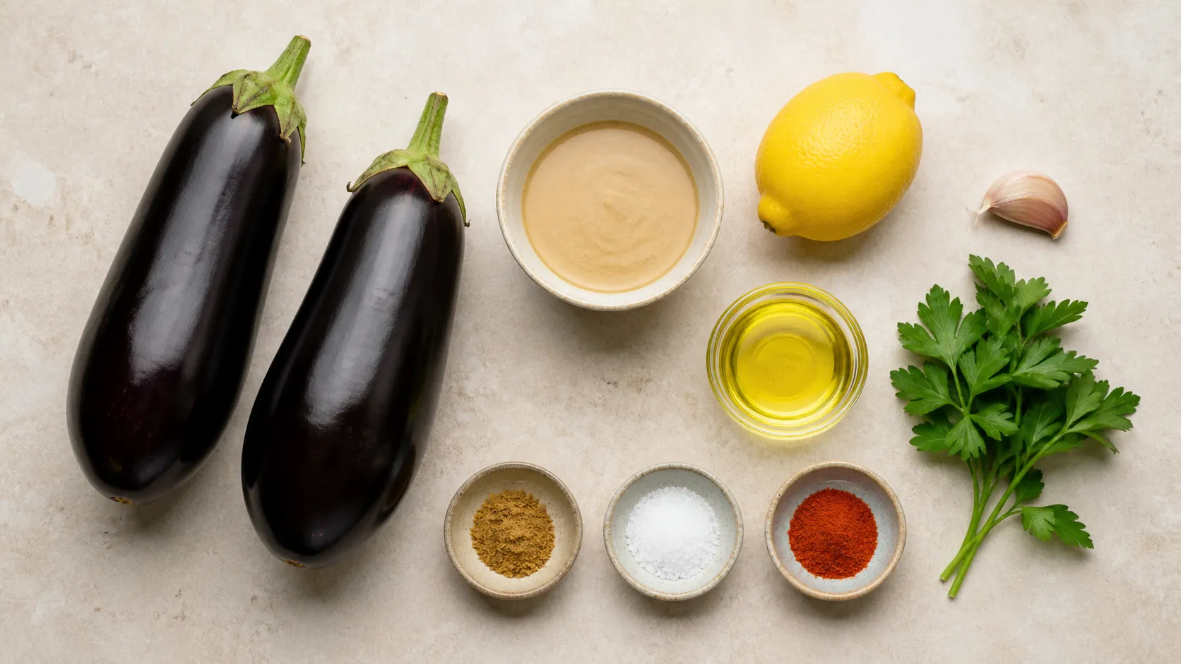 Zutaten für Keto-Baba Ganoush: zwei Auberginen, Tahini, Zitrone, Knoblauchzehe, Olivenöl, Kreuzkümmel und Petersilie