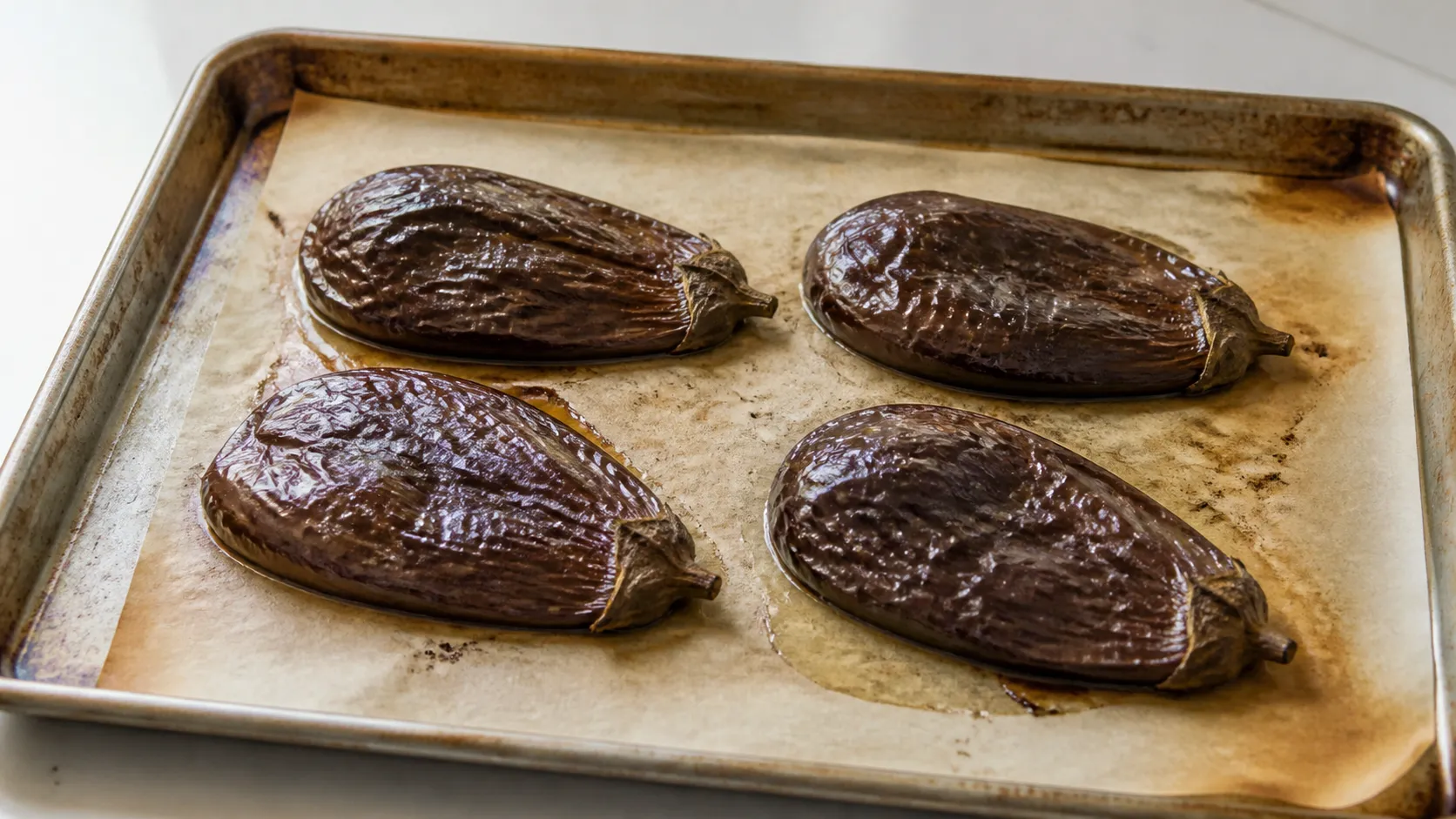 Halbierte Auberginen liegen mit der Schnittfläche nach unten auf einem Blech und sind nach dem Rösten zusammengefallen