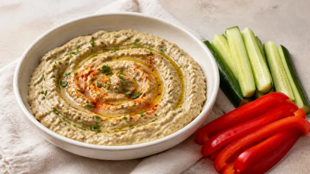 Schale mit cremigem Baba Ganoush, mit Olivenöl beträufelt und mit Paprikapulver und Petersilie bestreut, daneben Gurken- und Paprikasticks