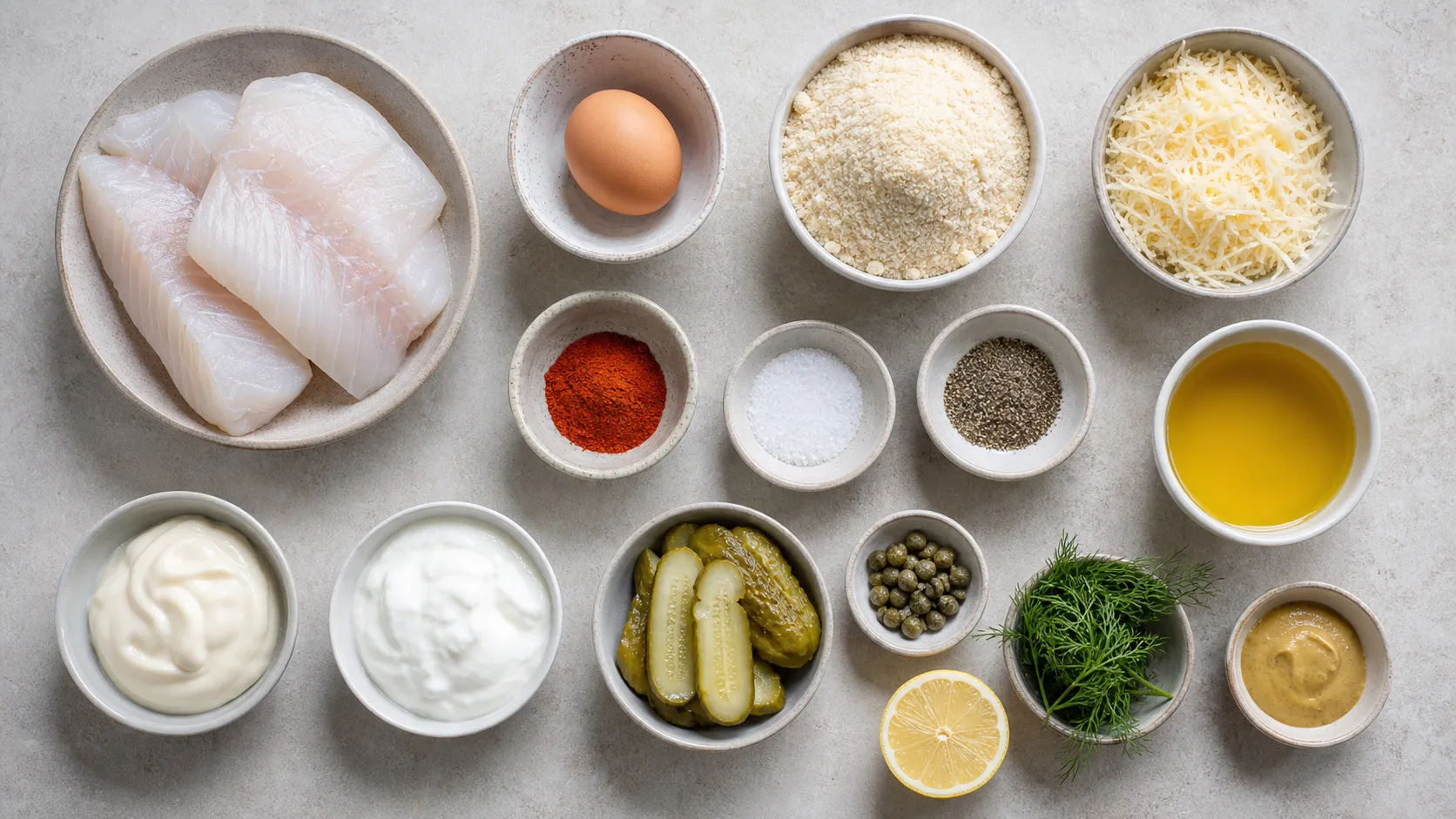 Zutaten für Keto-Backfisch: Kabeljaufilet, Ei, Mandelmehl, geriebener Parmesan, Butterschmalz, Mayonnaise, Gewürzgurken, Kapern und Dill