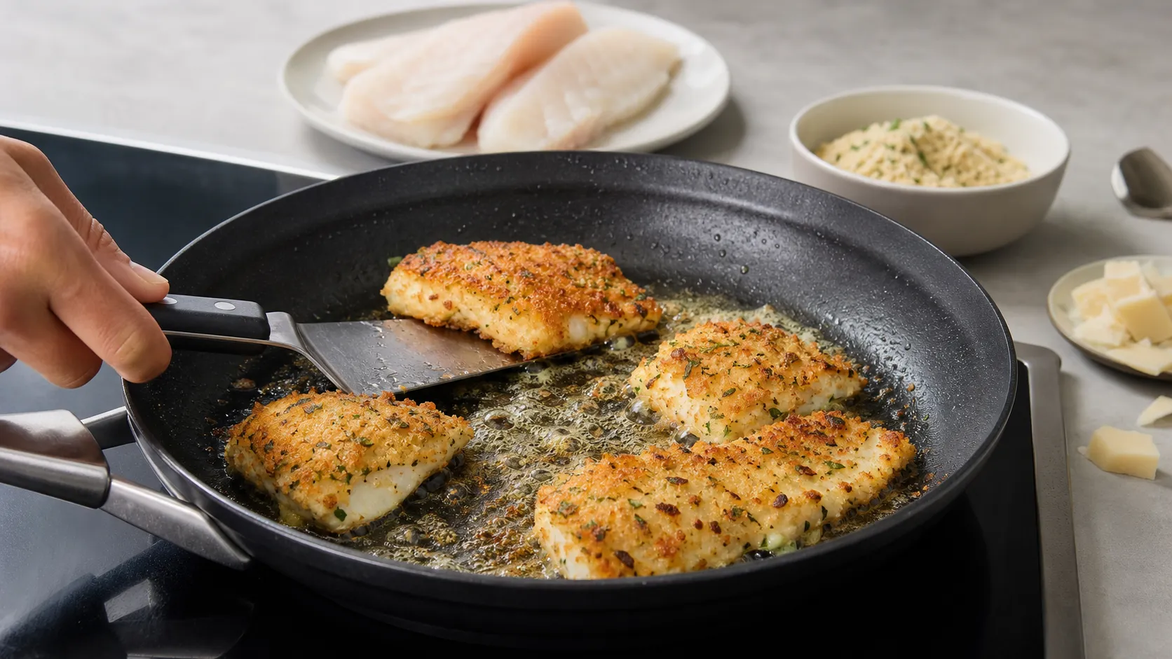 Panierte Fischstücke braten in einer Pfanne mit heißem Butterschmalz goldbraun