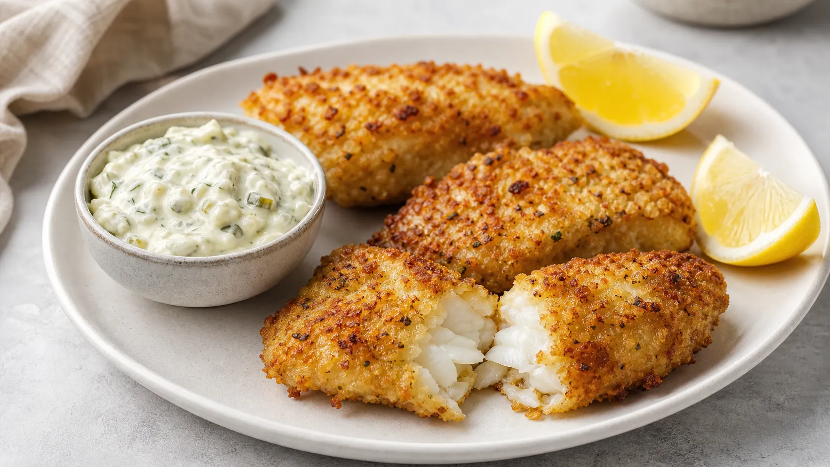 Goldbraun gebratener Keto-Backfisch mit Mandelpanade neben einem Schälchen selbstgemachter Remoulade und Zitronenspalten