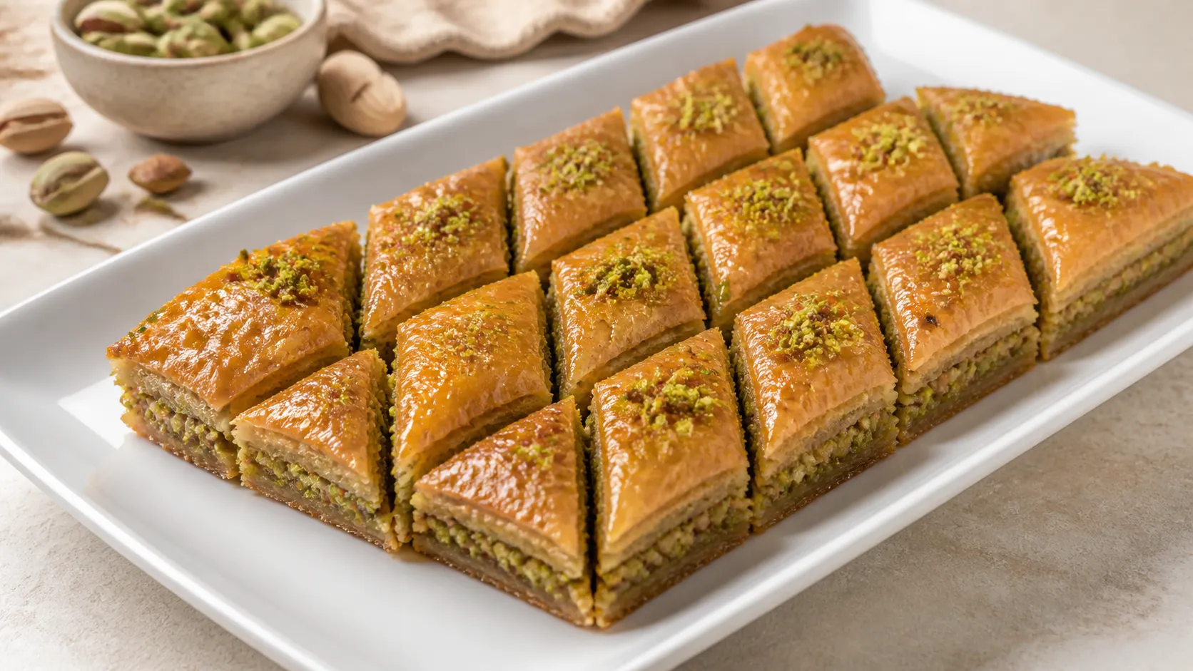 Rautenförmig geschnittene Keto Baklava mit gehackten Pistazien bestreut auf einer Servierplatte