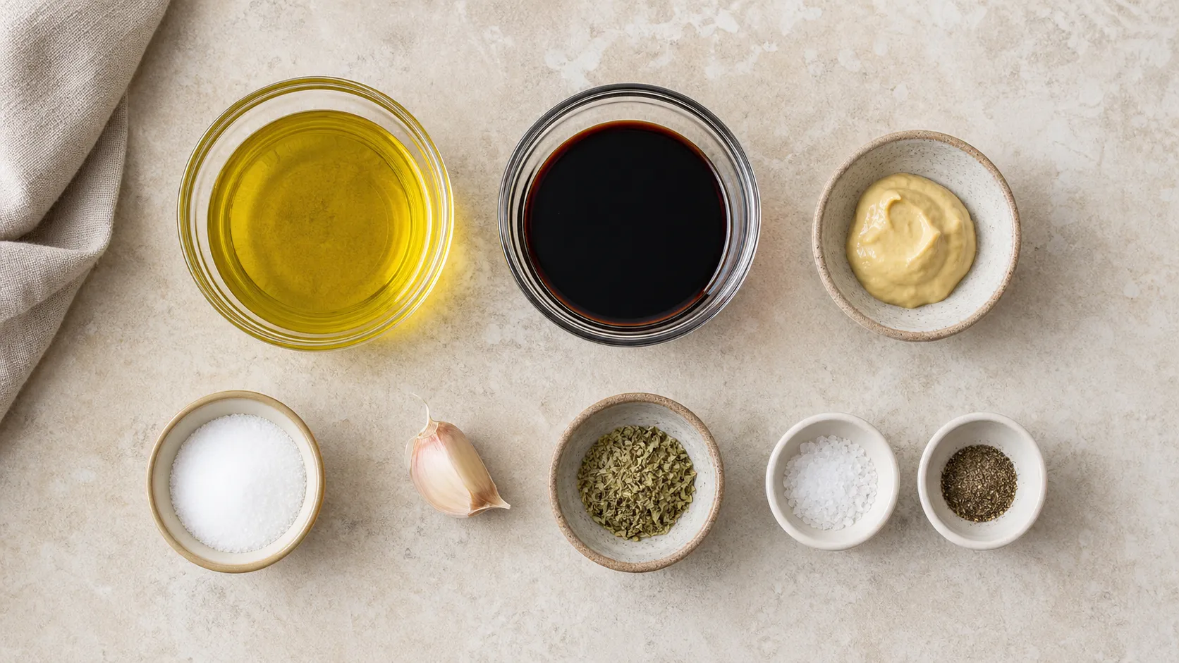 Zutaten für Keto Balsamico-Dressing: Olivenöl, Balsamico-Essig, Dijon-Senf, Knoblauch und Oregano