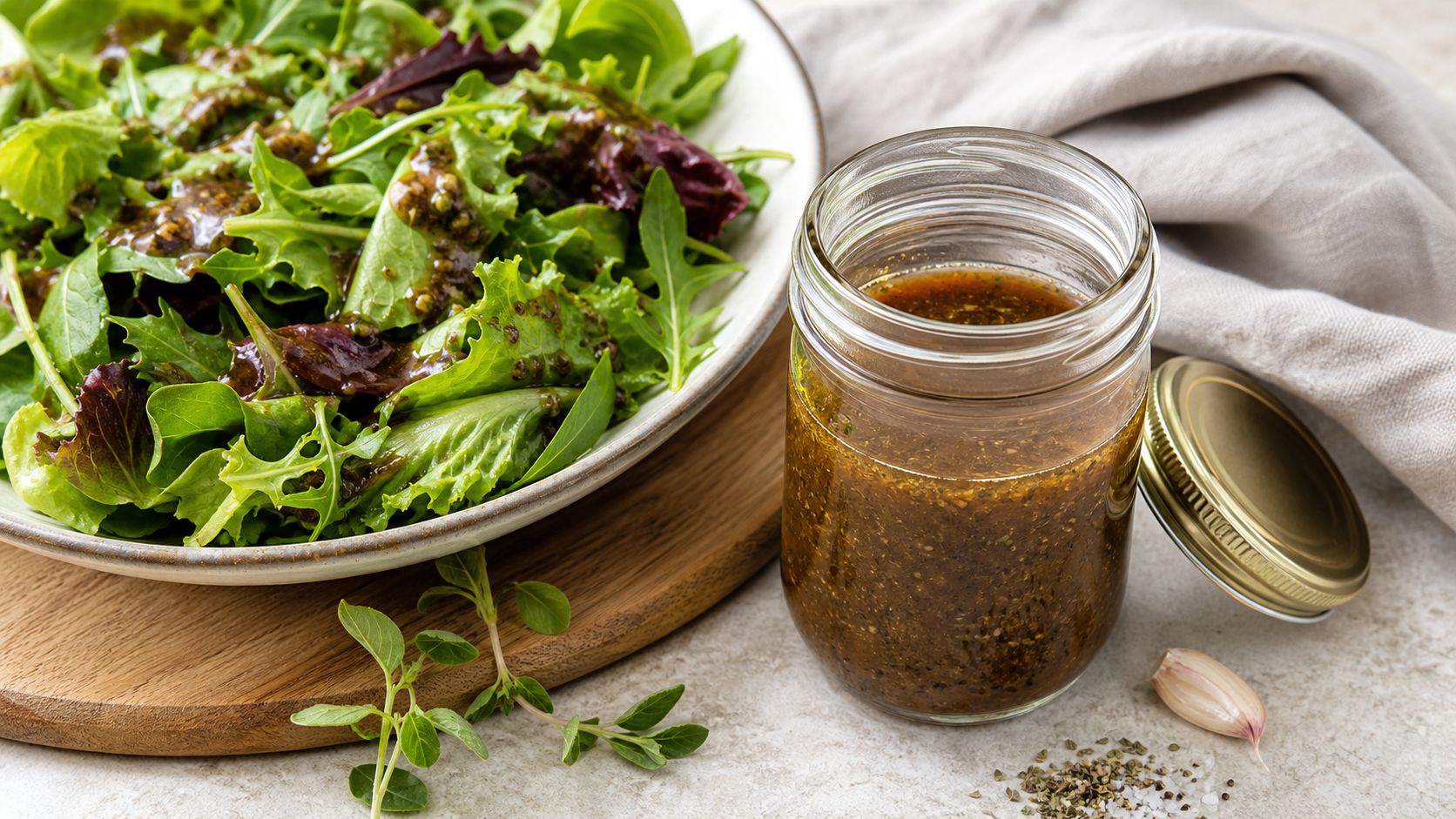 Keto Balsamico-Dressing in einem Schraubglas neben einem grünen Salat